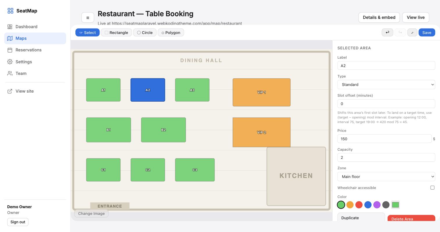 The map builder: a restaurant floor plan with rectangles drawn over each table, and a side panel editing table A1's price and capacity.